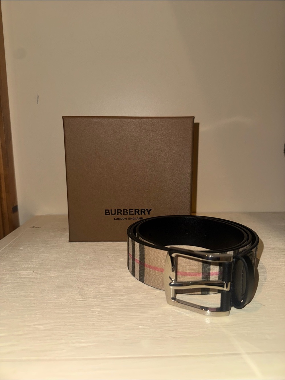Burberry Beige Vintage Check Men's Belt with Black Leather Trim